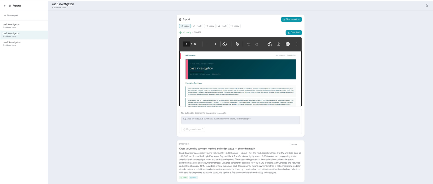 Generated, versioned investigation report ready to export